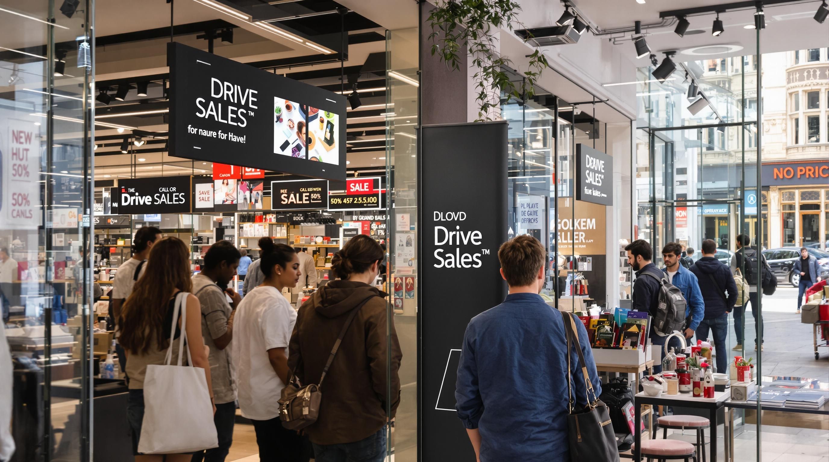 Customers engaging with digital and print retail signage in shop