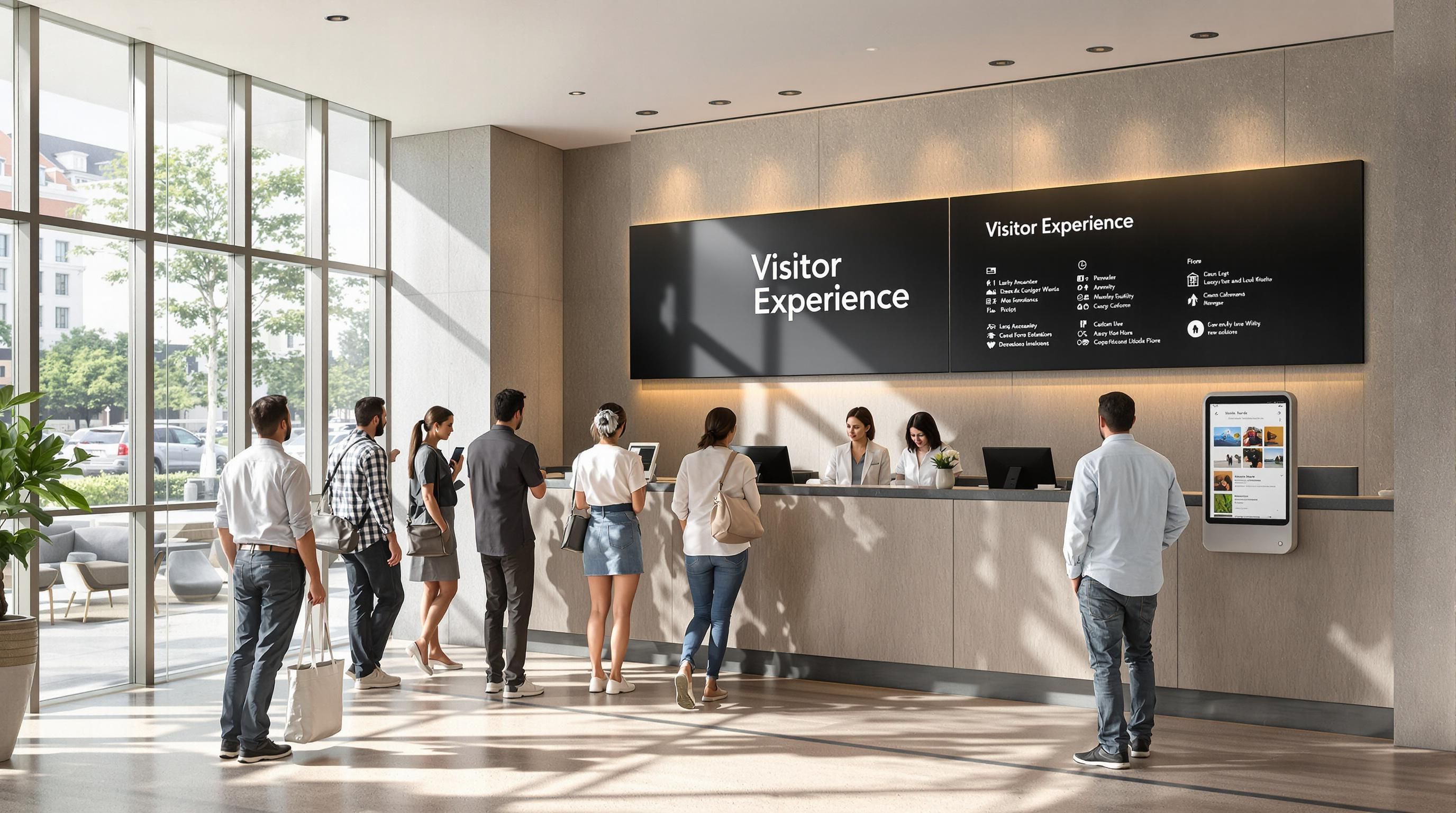 Hotel lobby with branded and wayfinding signage for guests