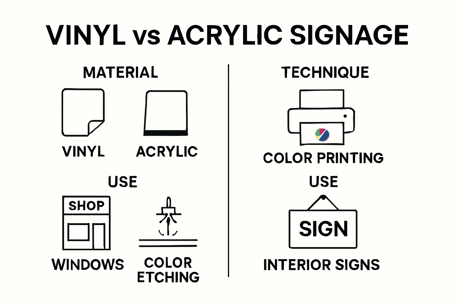 Infographic comparing vinyl and acrylic signage technical features