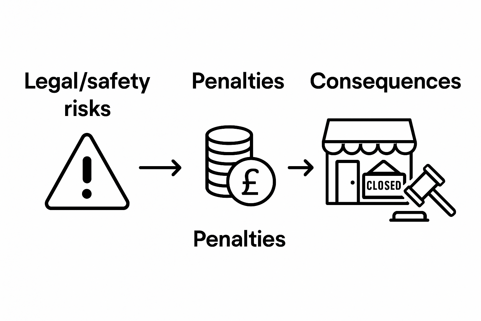Icons showing shop sign legal risks and penalties compared