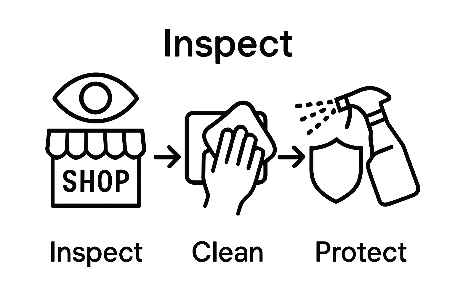 Three-step shop sign maintenance process with icons