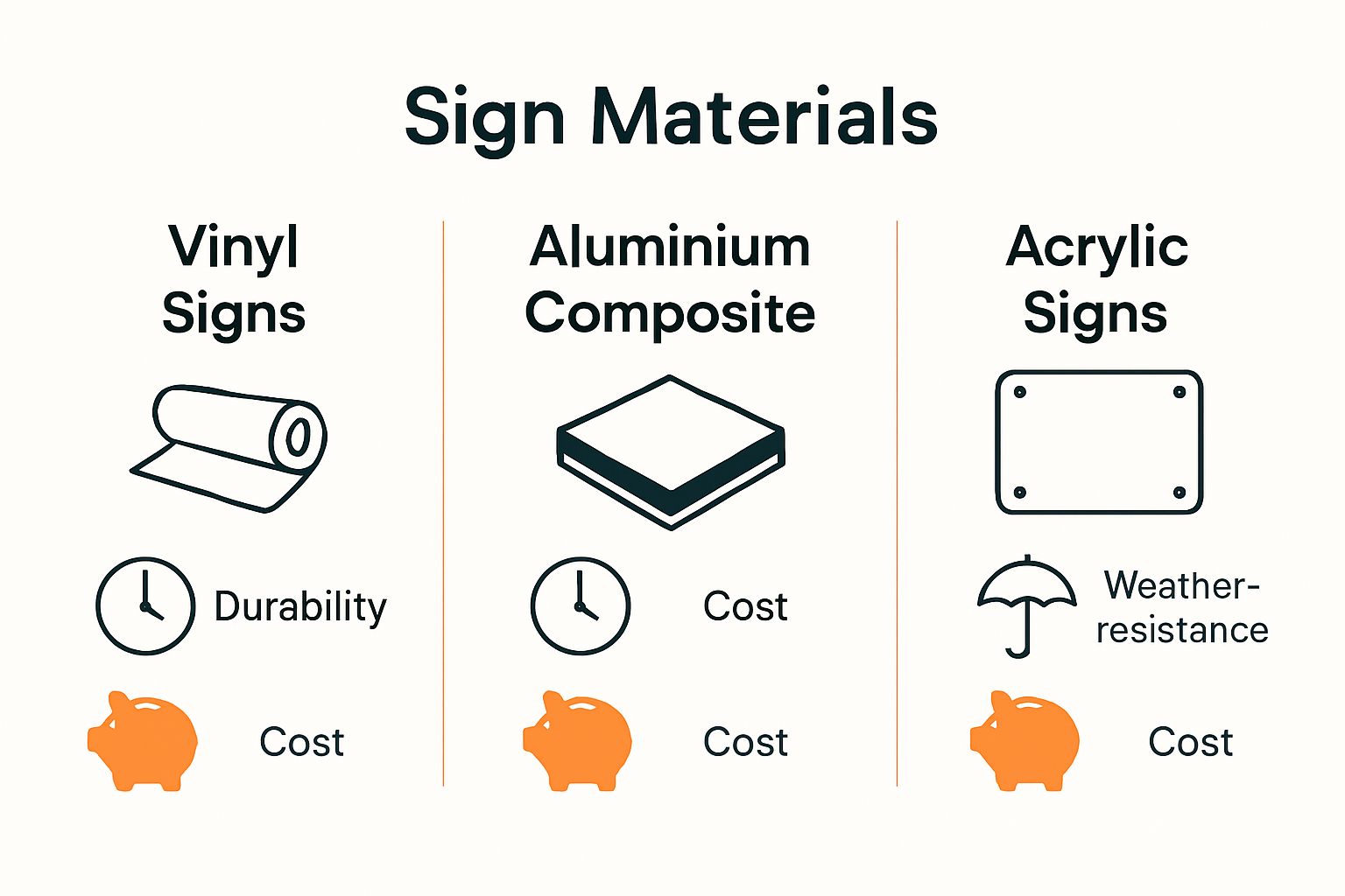 Infographic comparing vinyl, aluminium, and acrylic sign features