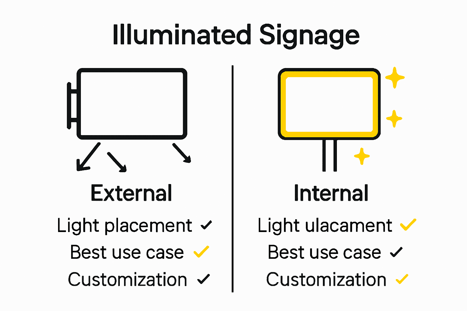 Infographic compares internal vs external illuminated signage types with icons and key features.