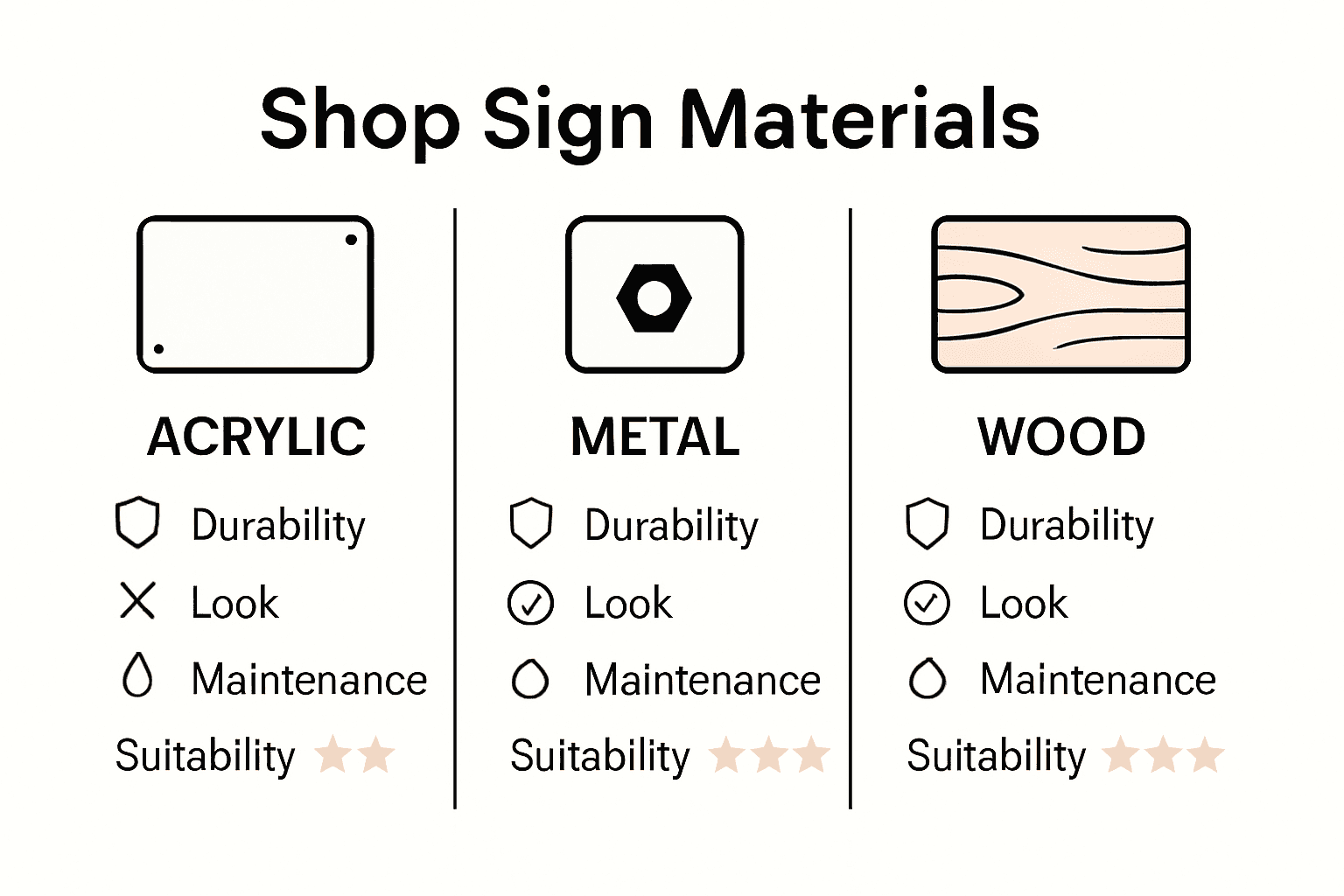 Comparison of sign materials: acrylic, metal, and wood.