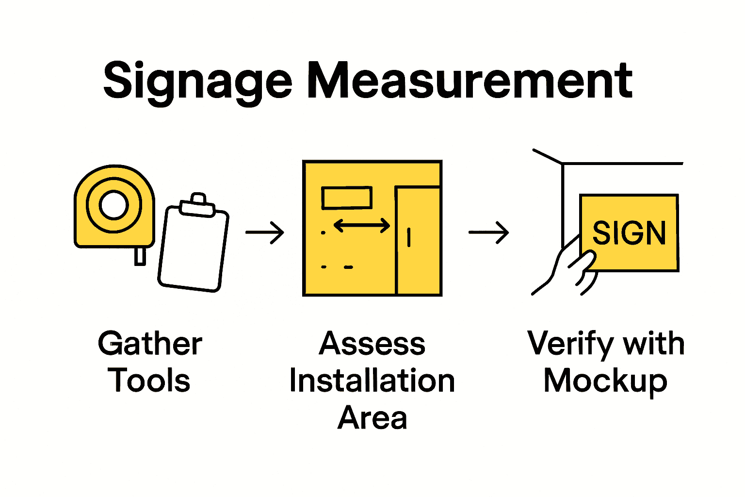 Three-step process infographic for measuring and verifying signage installation.
