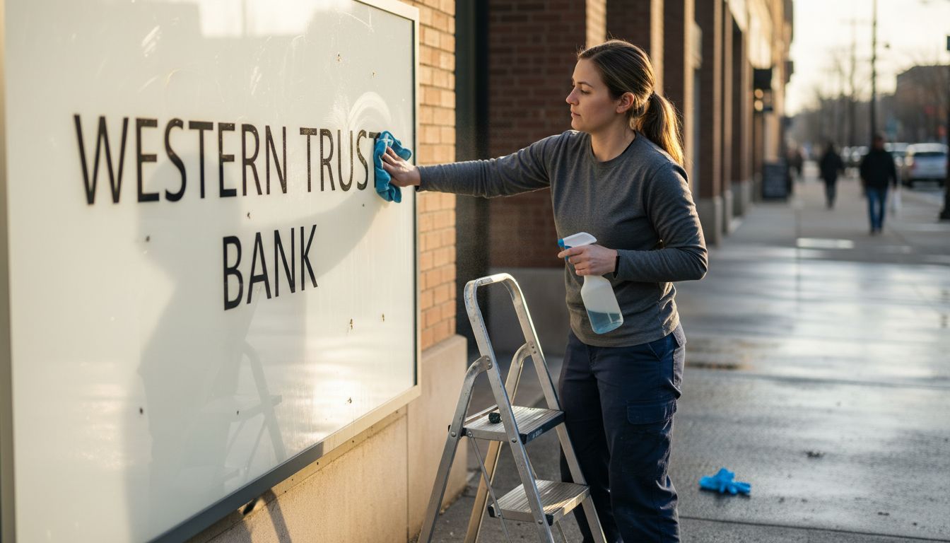 Worker cleaning wall-mounted illuminated sign