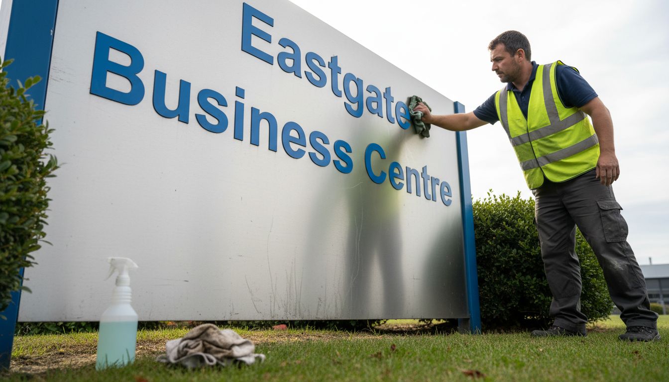 Worker cleaning aluminium business park sign
