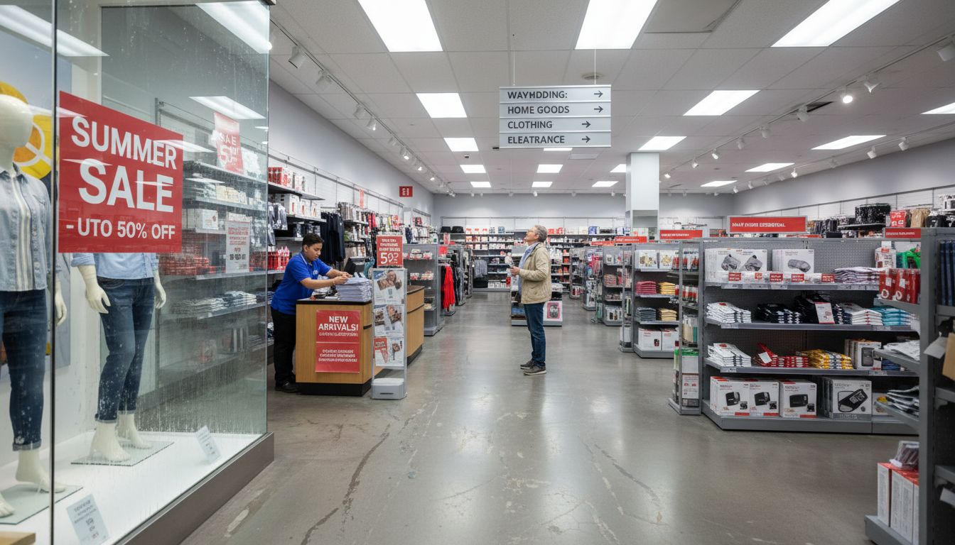Store interior with multiple visible sign types