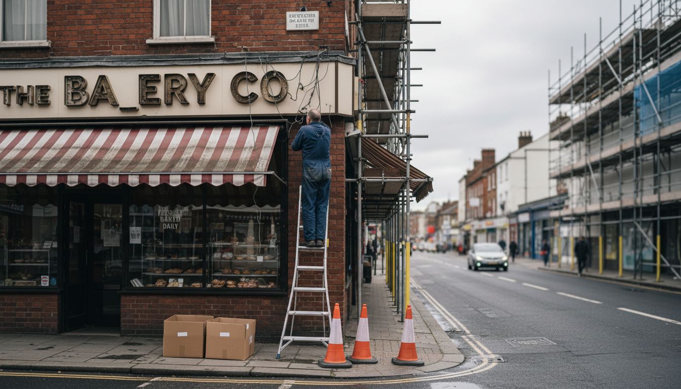 Electrician replacing old illuminated shop sign