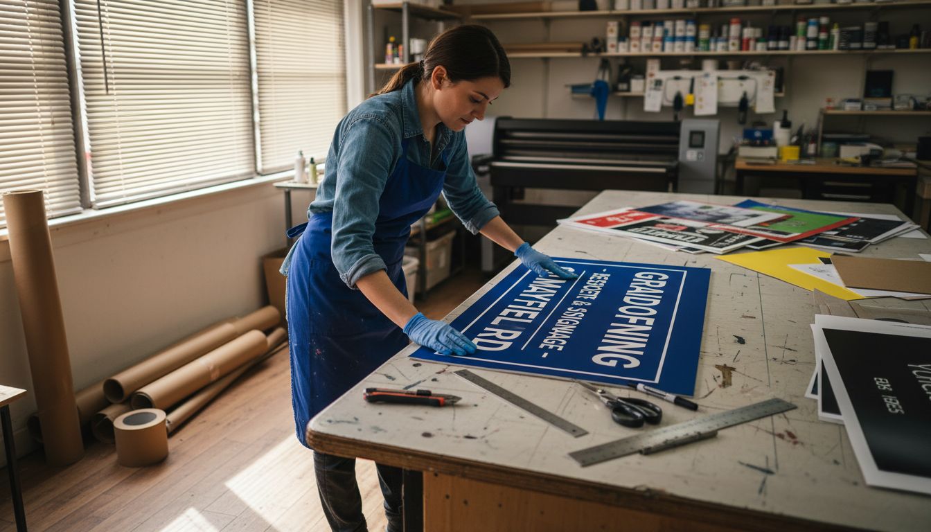Worker checks printed sign on production table
