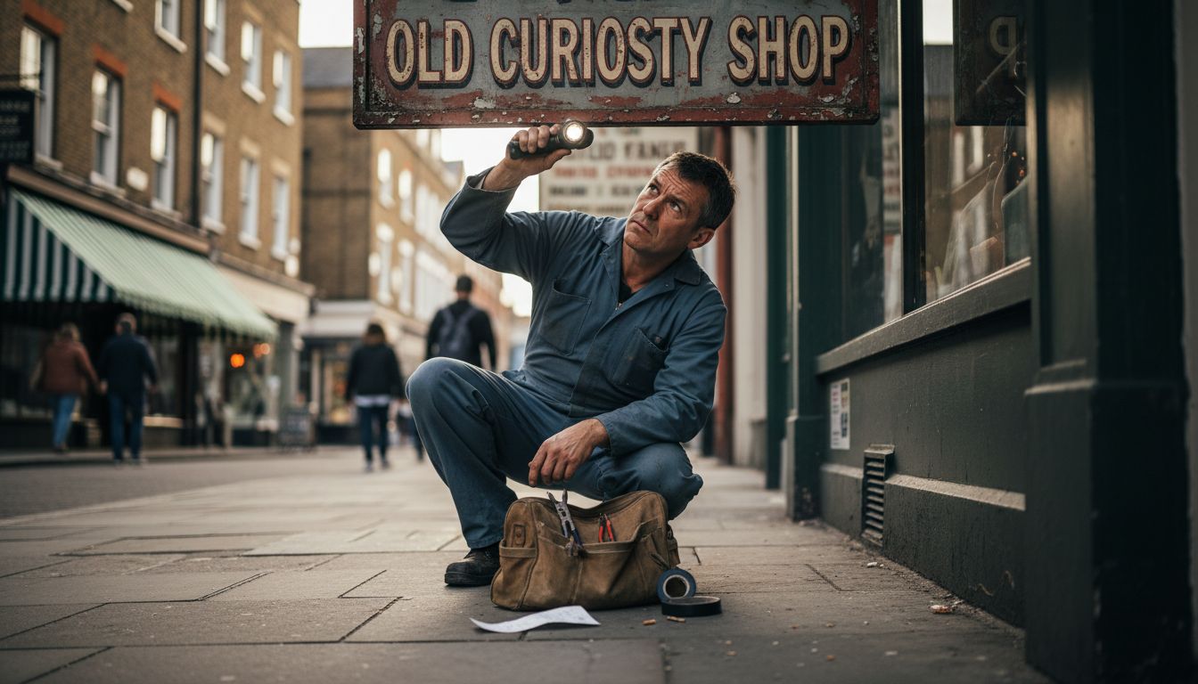 Technician checks shop sign for surface wear