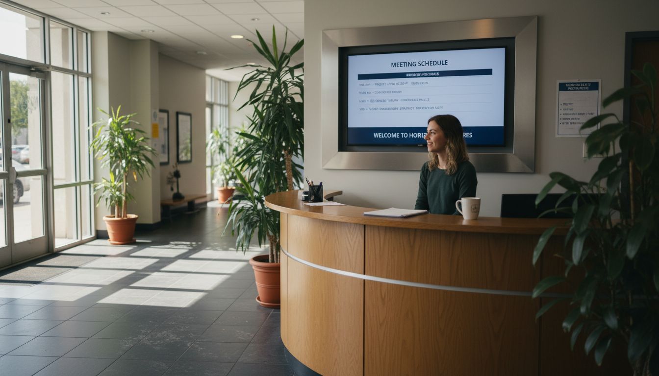 Office lobby with receptionist and digital screen