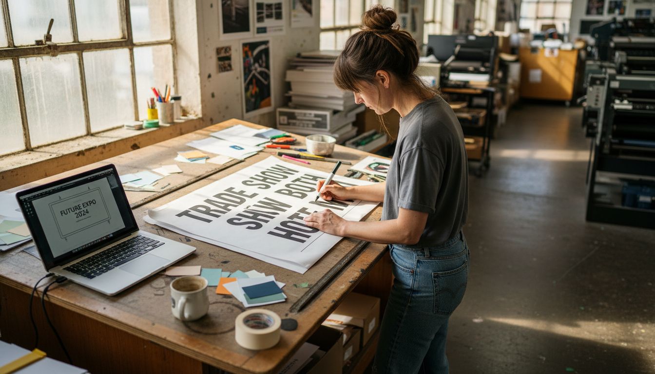 Designer sketching trade show signage layout