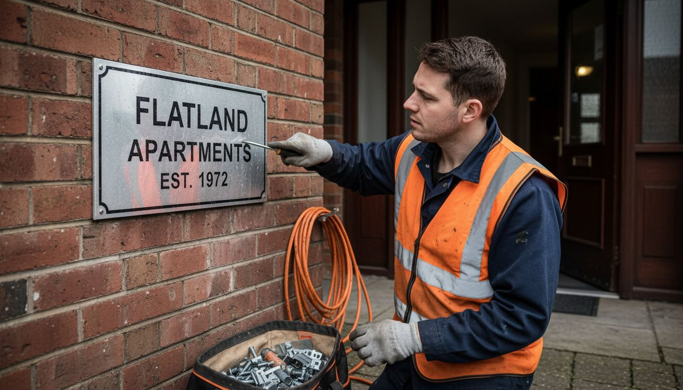 Worker checking apartment fascia wall sign