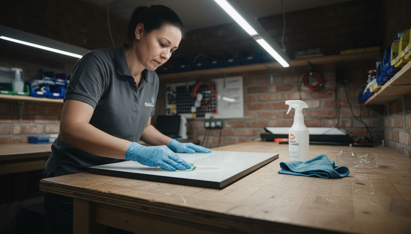 Worker cleaning face panel of illuminated sign