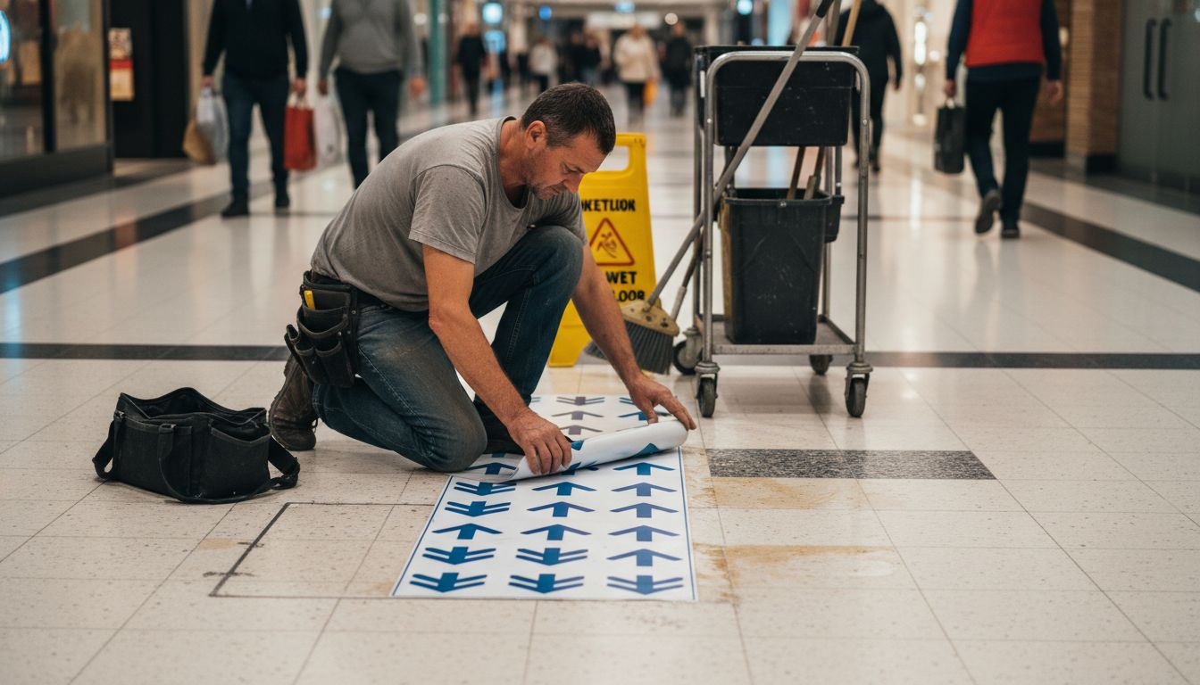 Technician installing vinyl graphic in mall