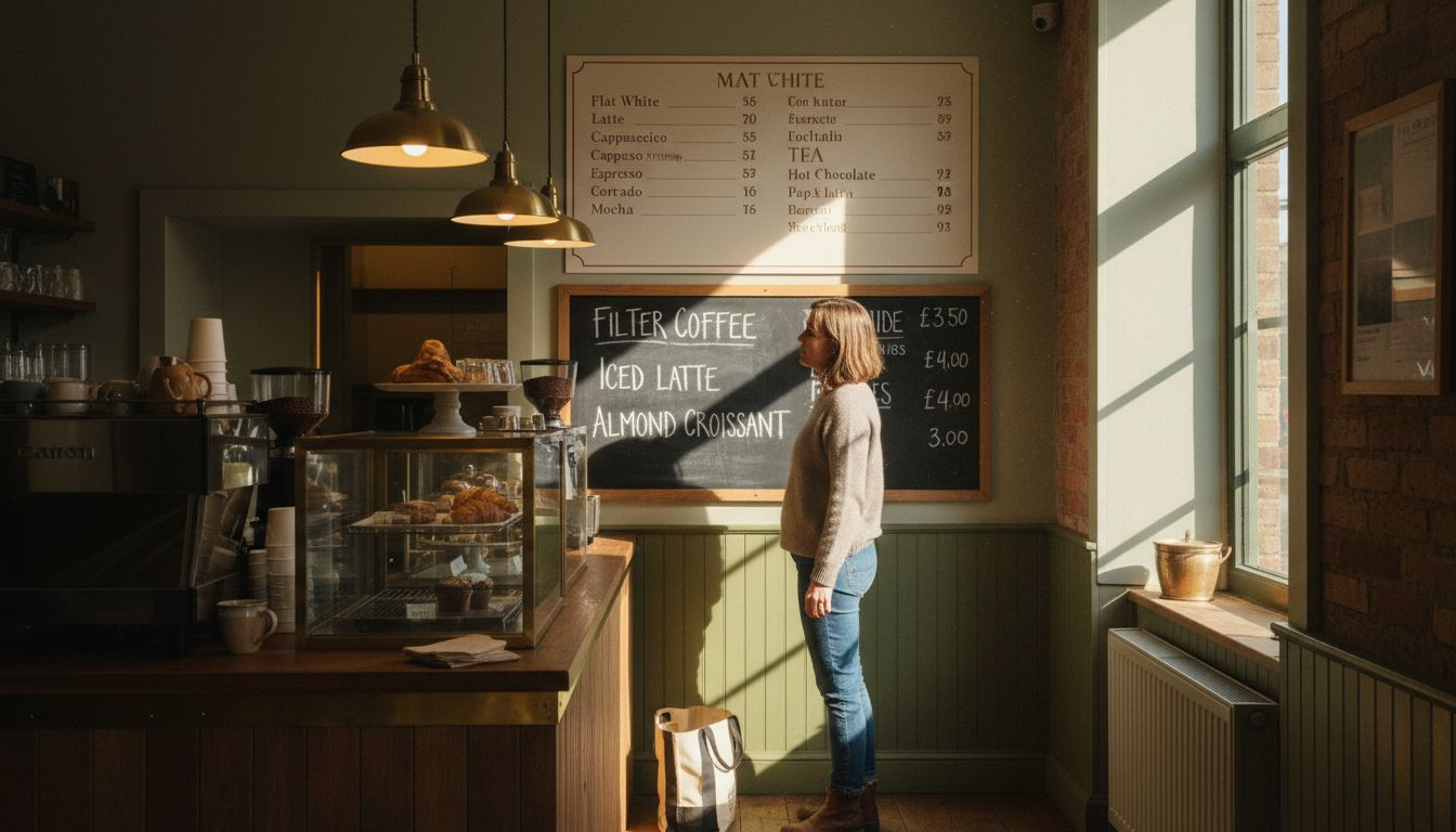 Customer viewing interior café menu signage