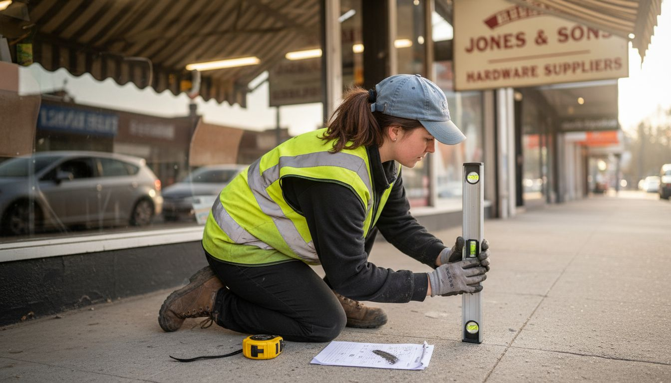 Worker aligns mounting bracket for shopfront sign