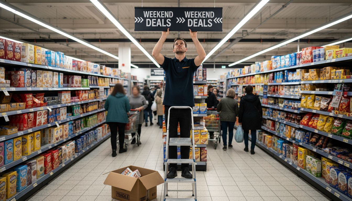 Employee installing double sided aisle sign