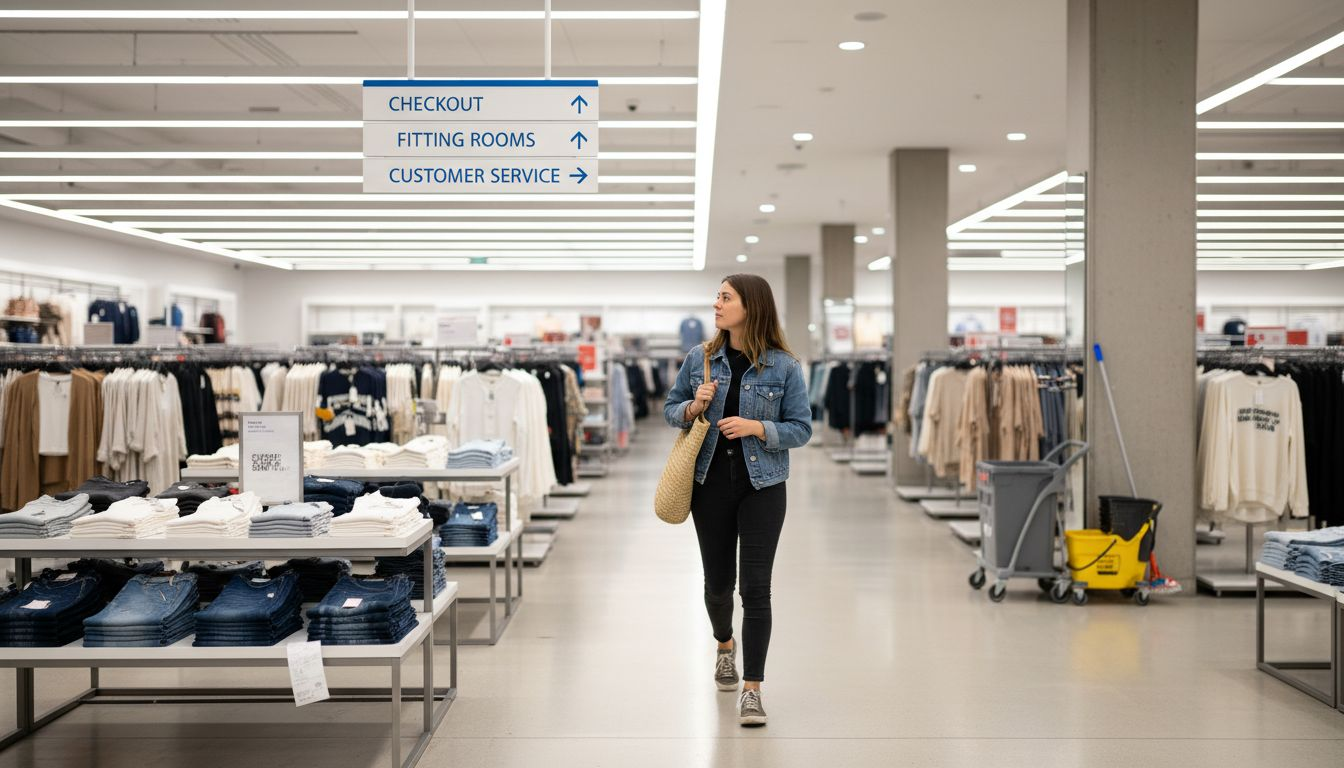 Shopper following wall-mounted wayfinding signs