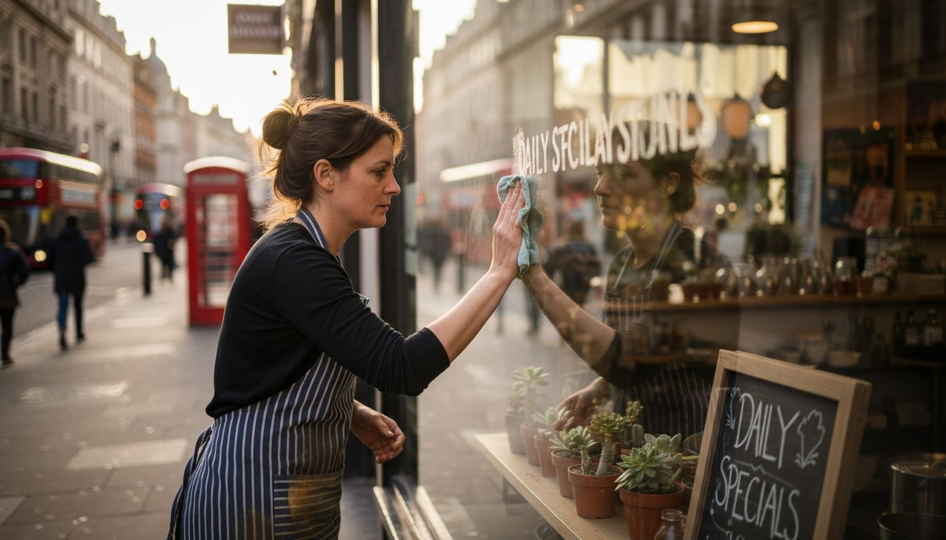 Shop owner maintaining frosted window graphics