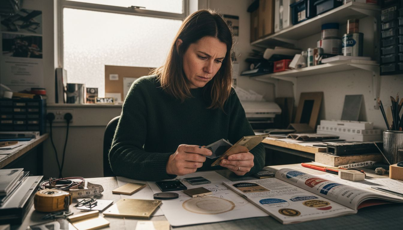 Specialist reviewing shop sign material samples