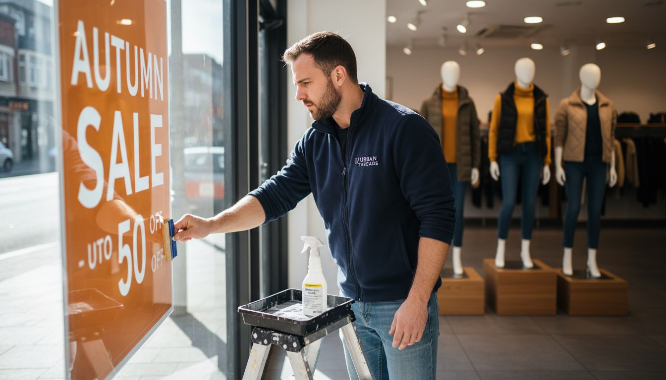 Retail worker installing window promotional signage