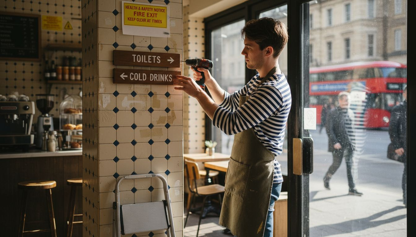 Cafe worker affixing new directional signage