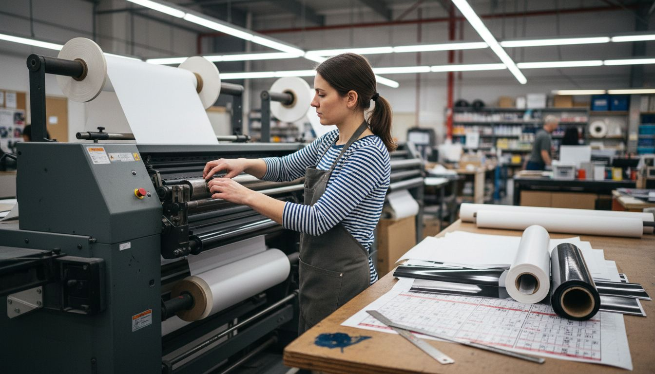 Technician adjusting large-format printer setup