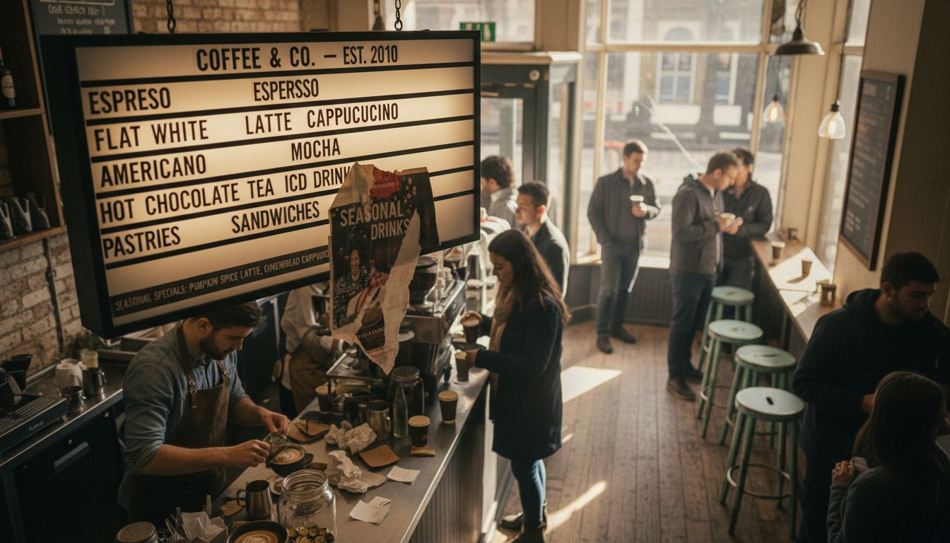 Coffee shop lightbox menu sign above counter