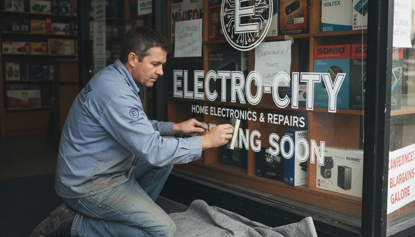 Technician attaching vinyl lettering on store window