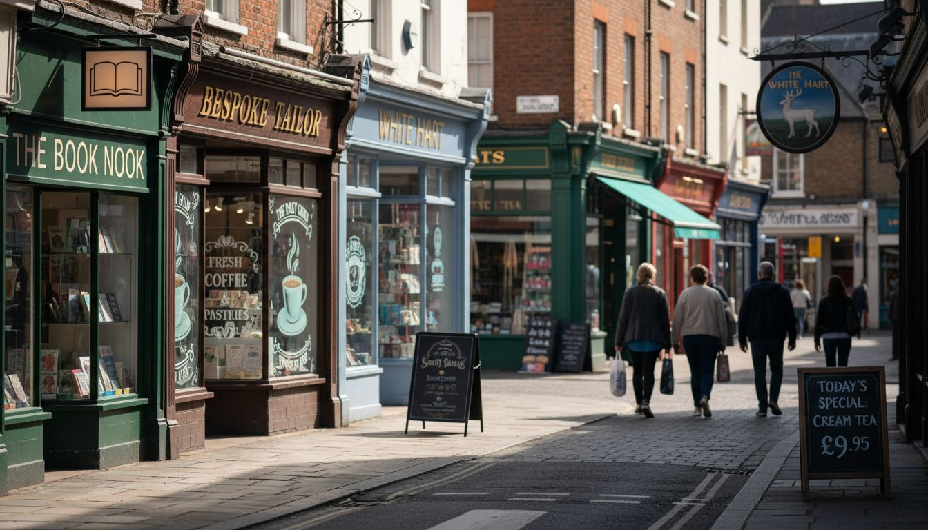 Street view with various shopfront signs