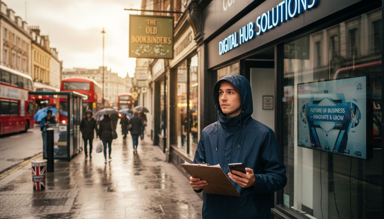 Person assessing storefront signage quality