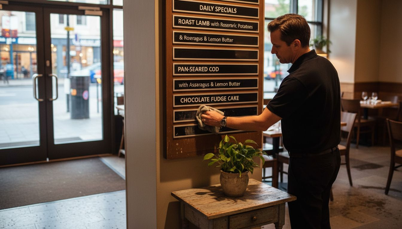 Manager cleaning modular restaurant menu sign