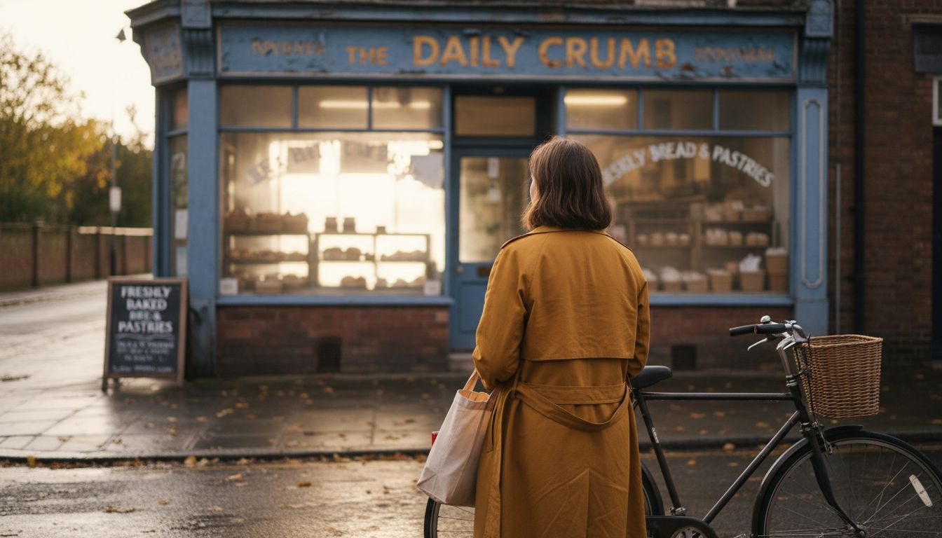 Customer viewing bakery shopfront across street