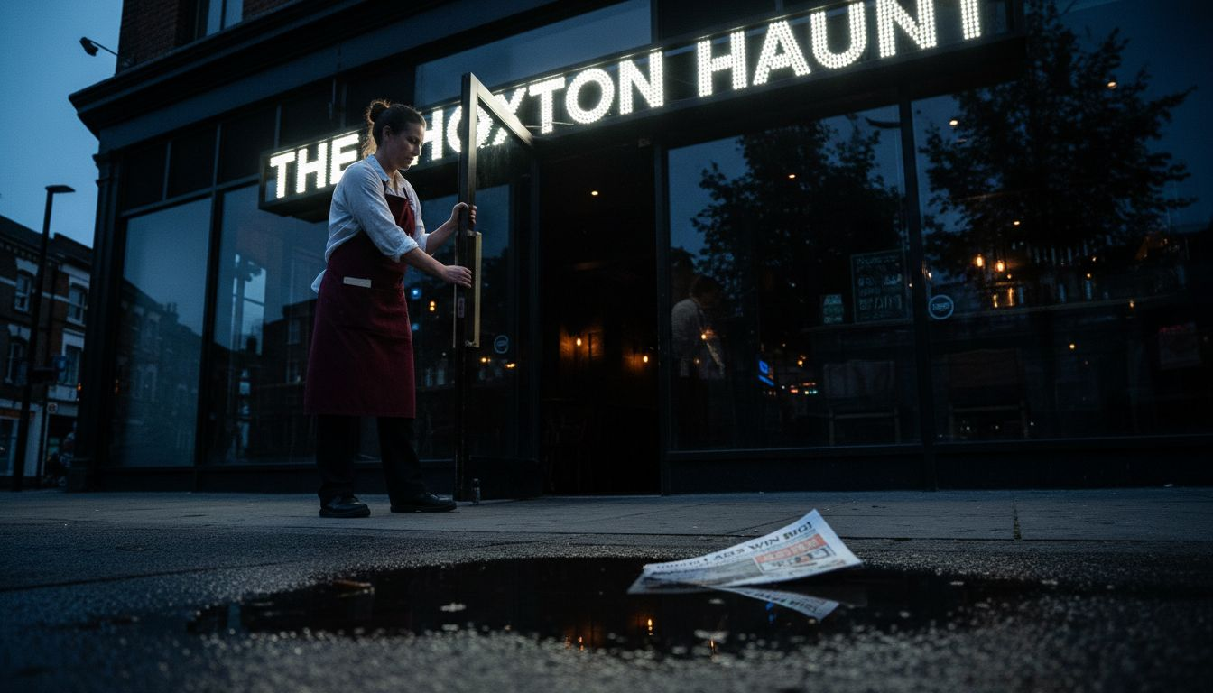 Bar manager under LED entrance sign evening