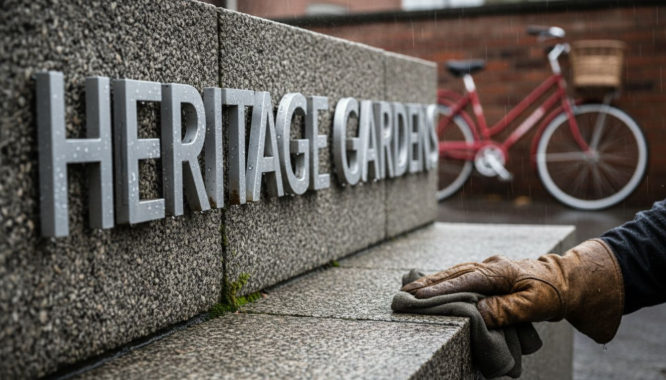 Monument sign materials detail rainy weather