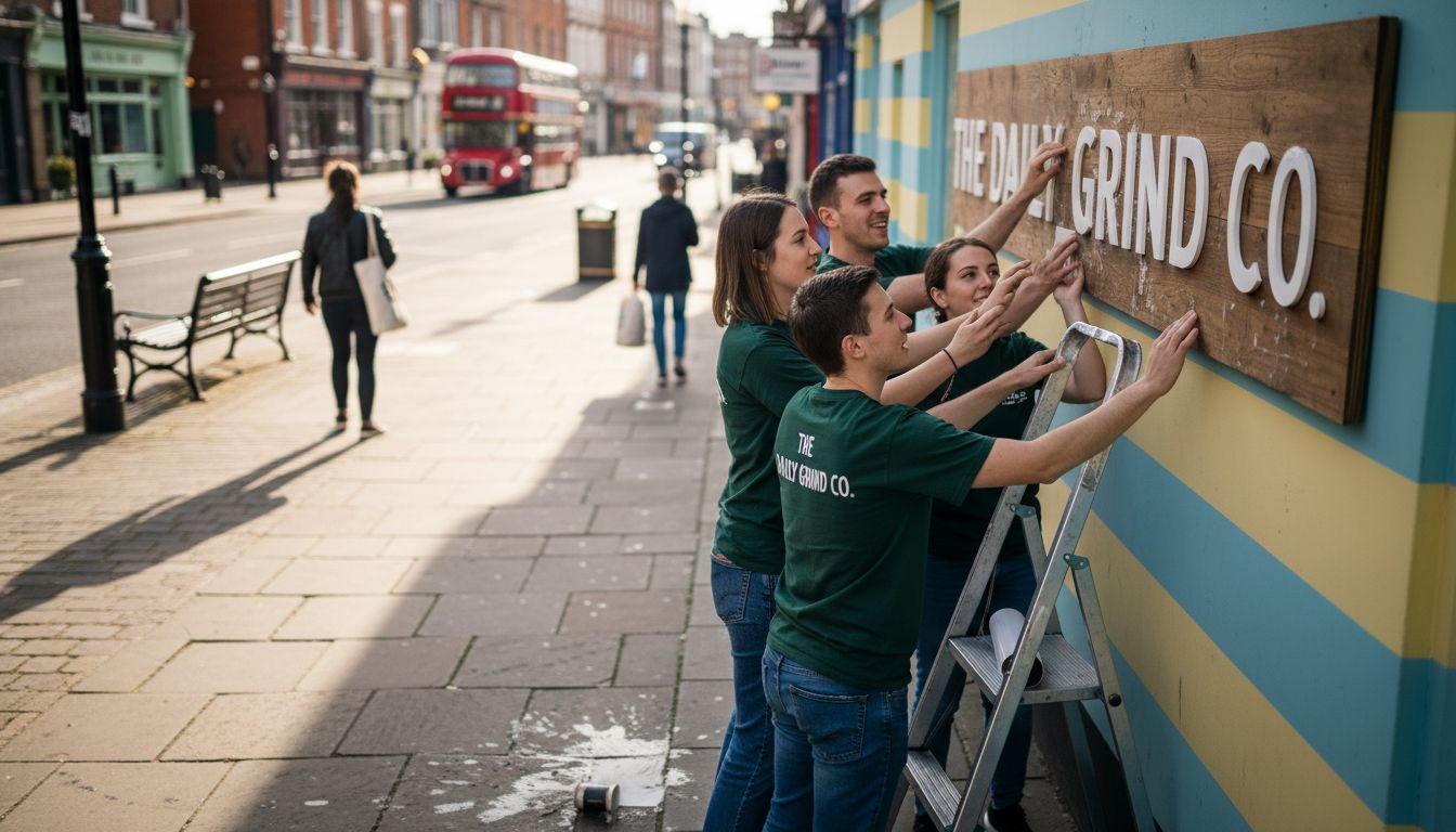Employees adjusting lettering on retail shopfront sign