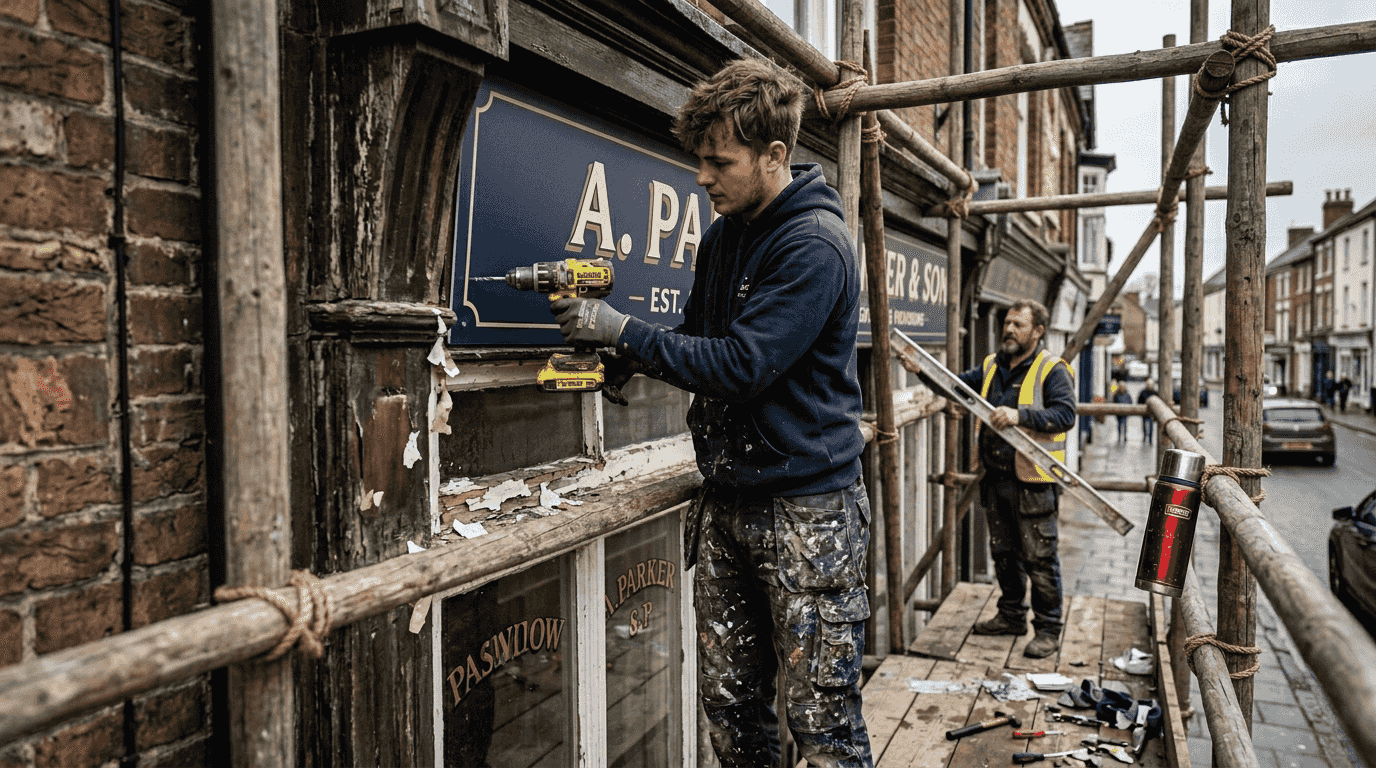 Technician drilling sign on city storefront