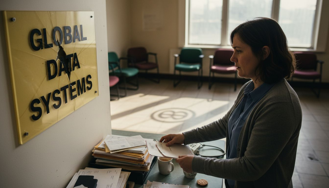 Receptionist beside faded, cracked office wall sign