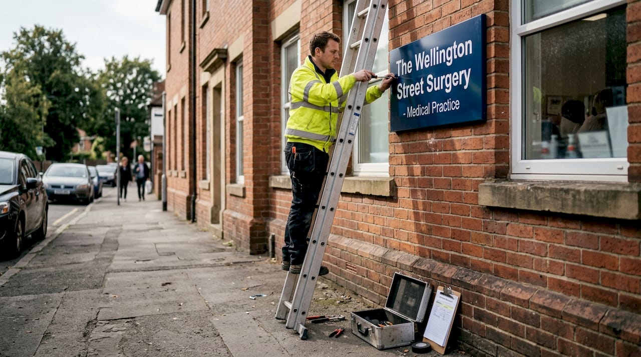 Installer on ladder repairing business signage