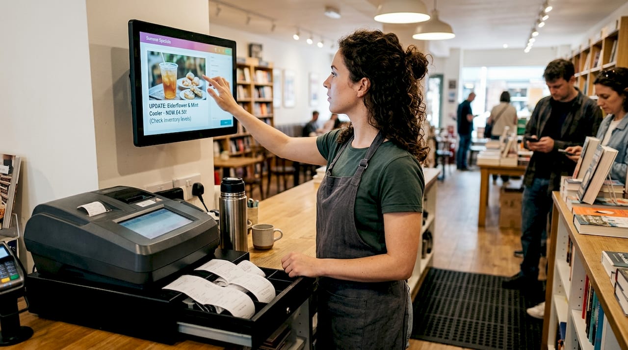 Staff updating retail digital signage for promotion