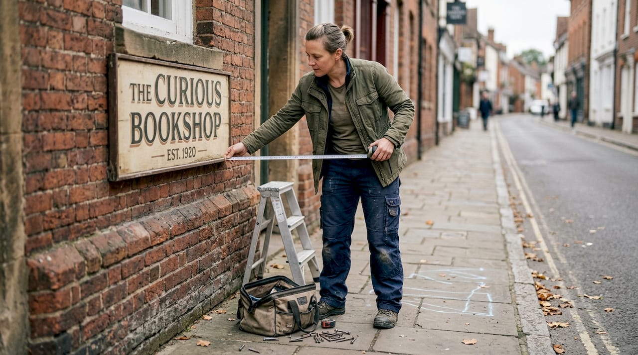 Tradesperson measuring vintage shop sign for update