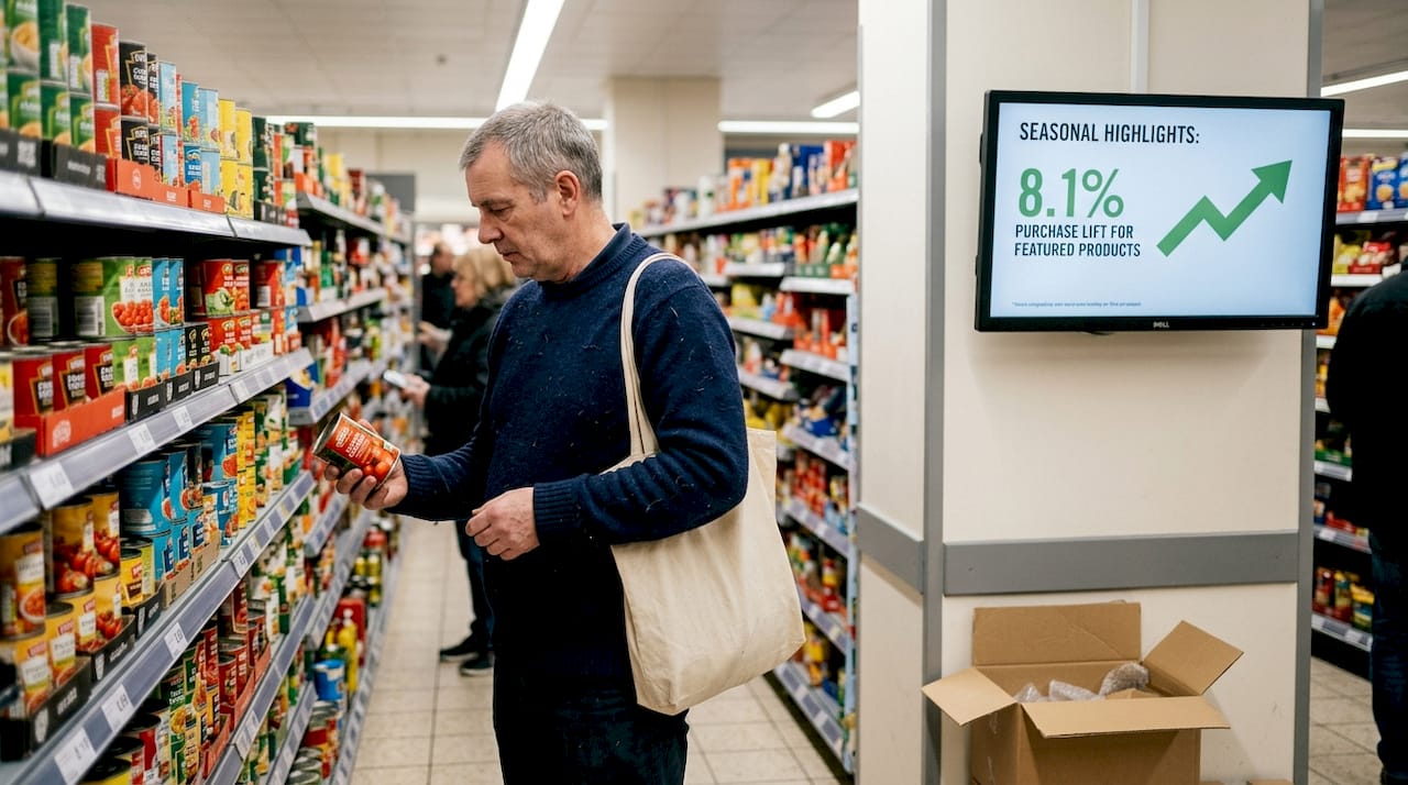 Shopper beside digital signage in supermarket aisle
