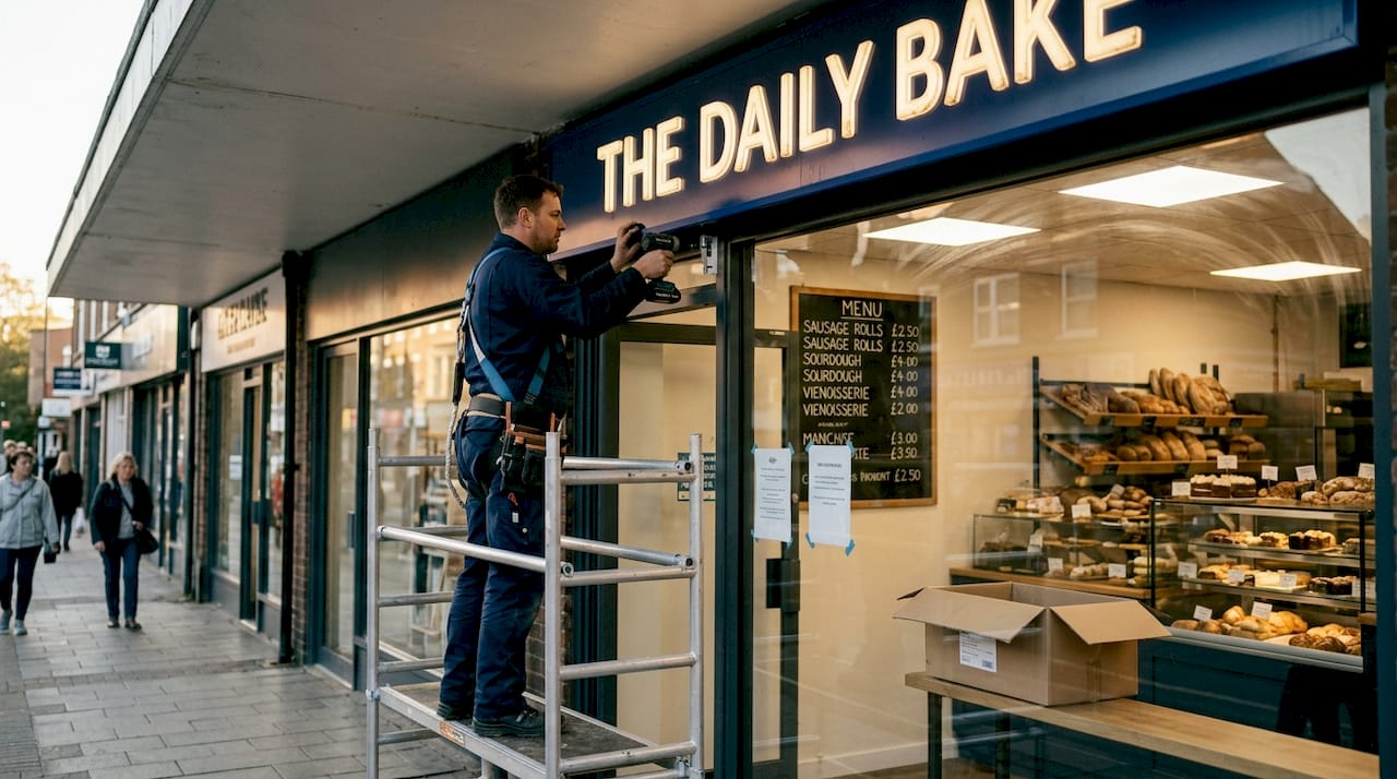 Sign installer fitting fascia sign above bakery