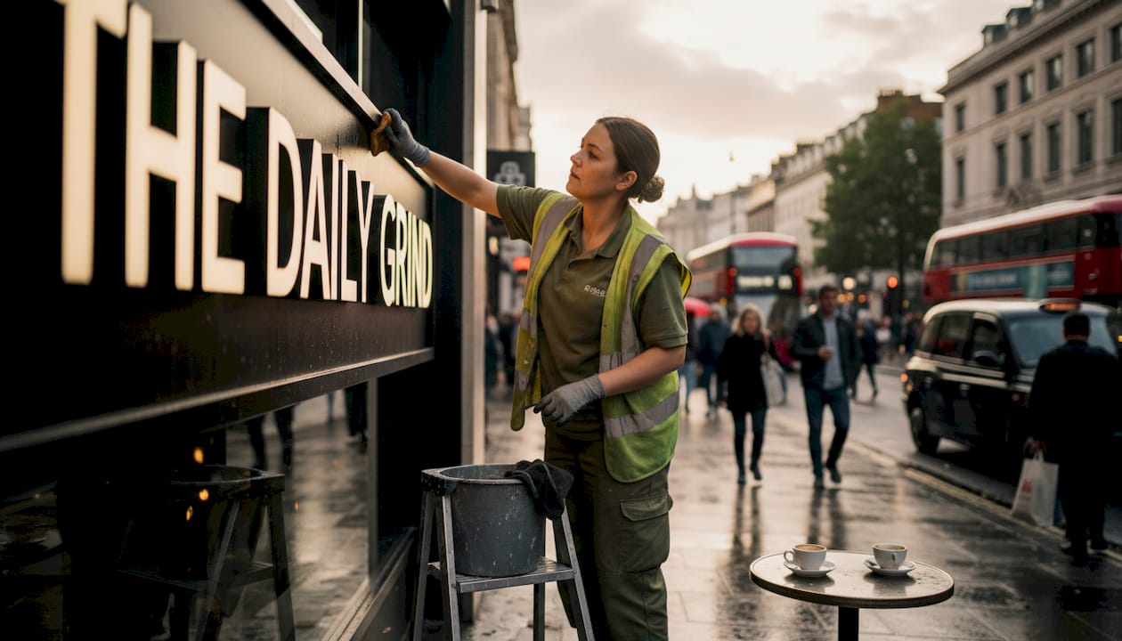 Worker cleans illuminated café sign London street