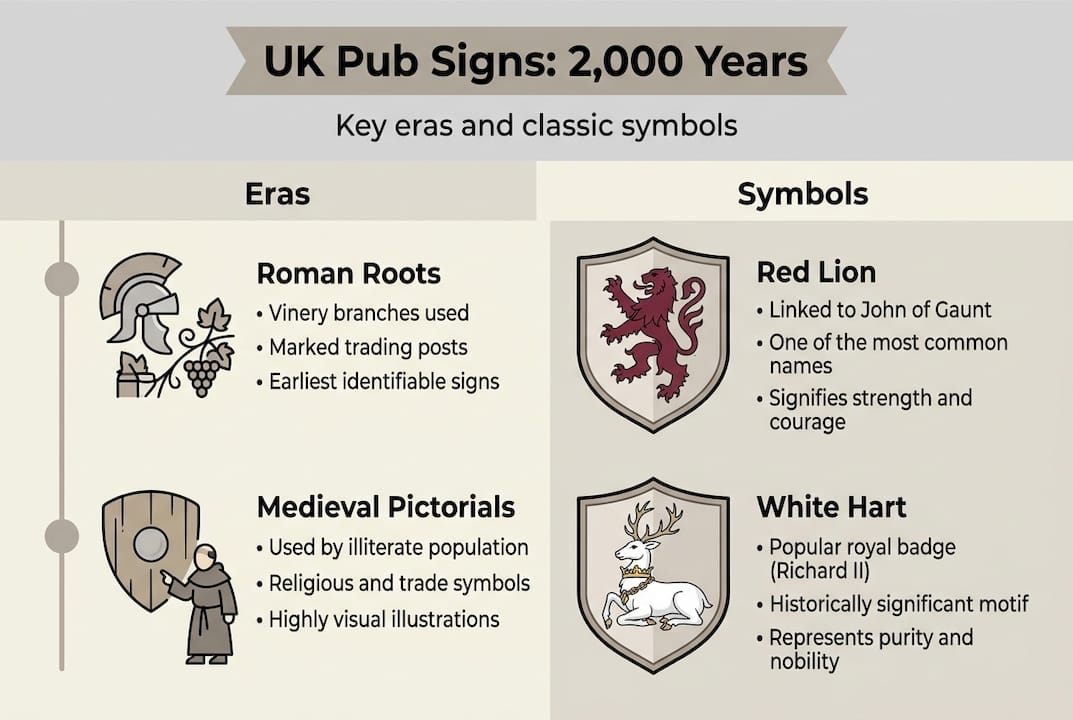 Infographic showing timeline and symbols of UK pub signs