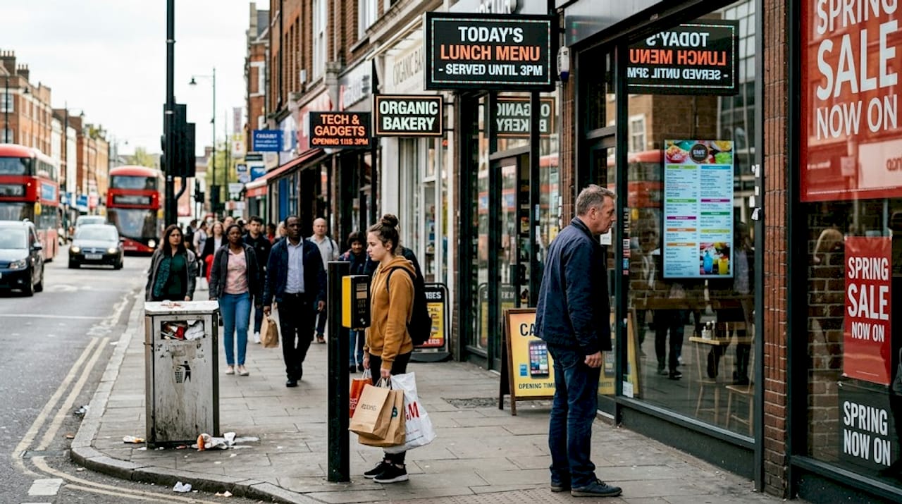 Crowded UK high street with LED signage