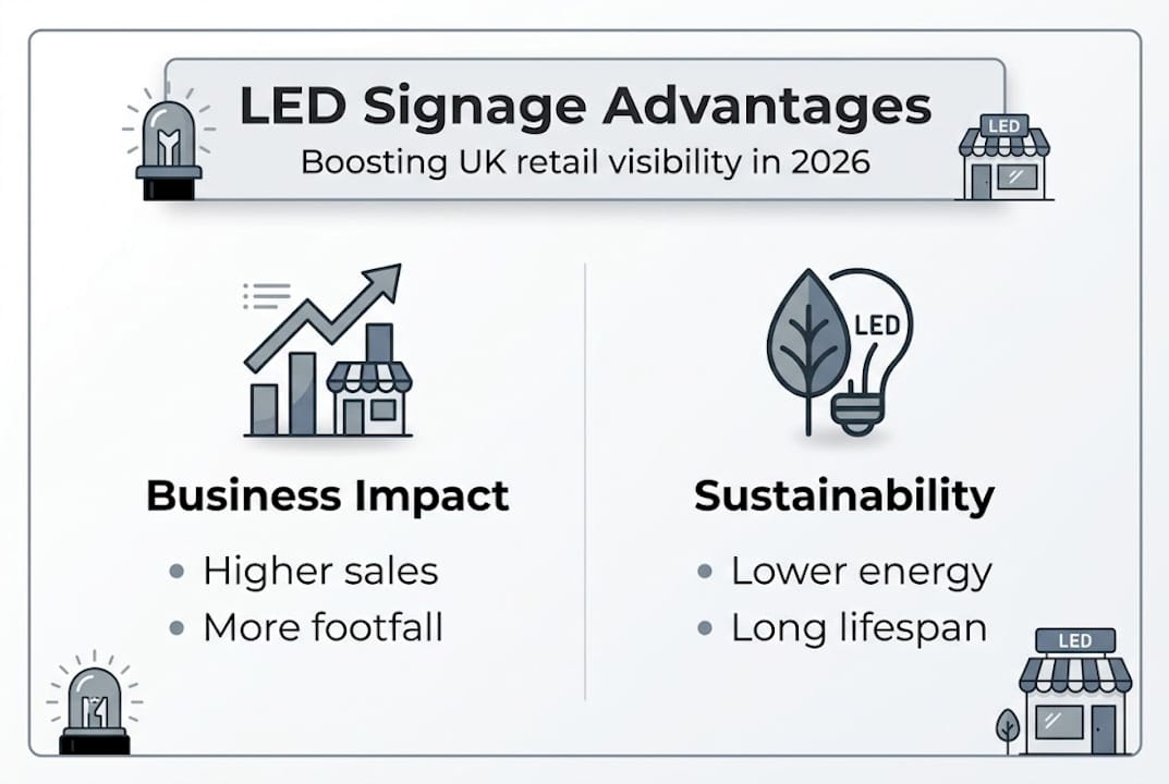 Minimalist infographic showing LED signage benefits for UK retail