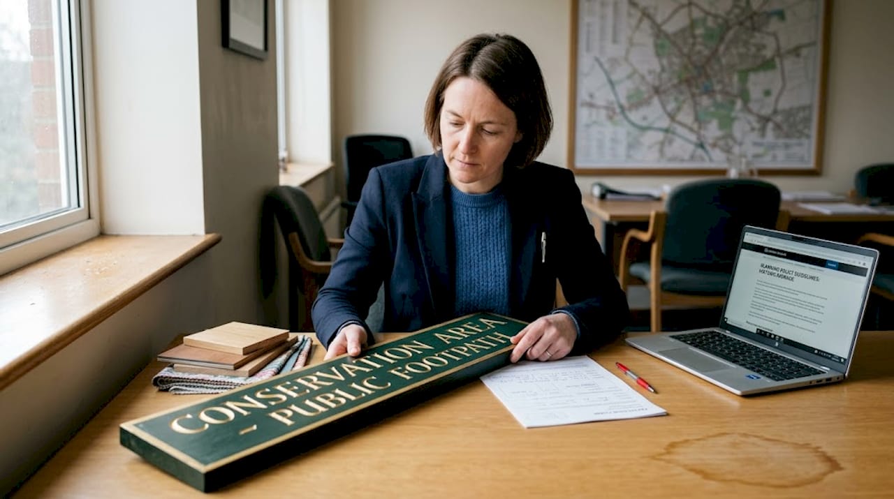 Officer reviewing heritage signage materials